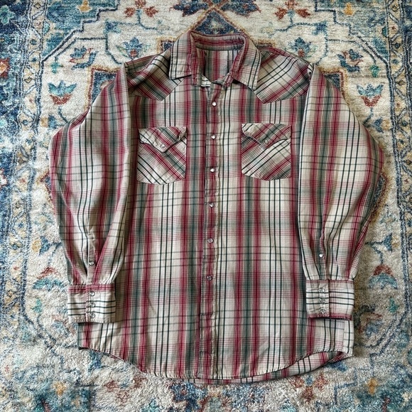 Vintage Other - Vintage 80s Plaid Pearl Snap Shirt Size XL